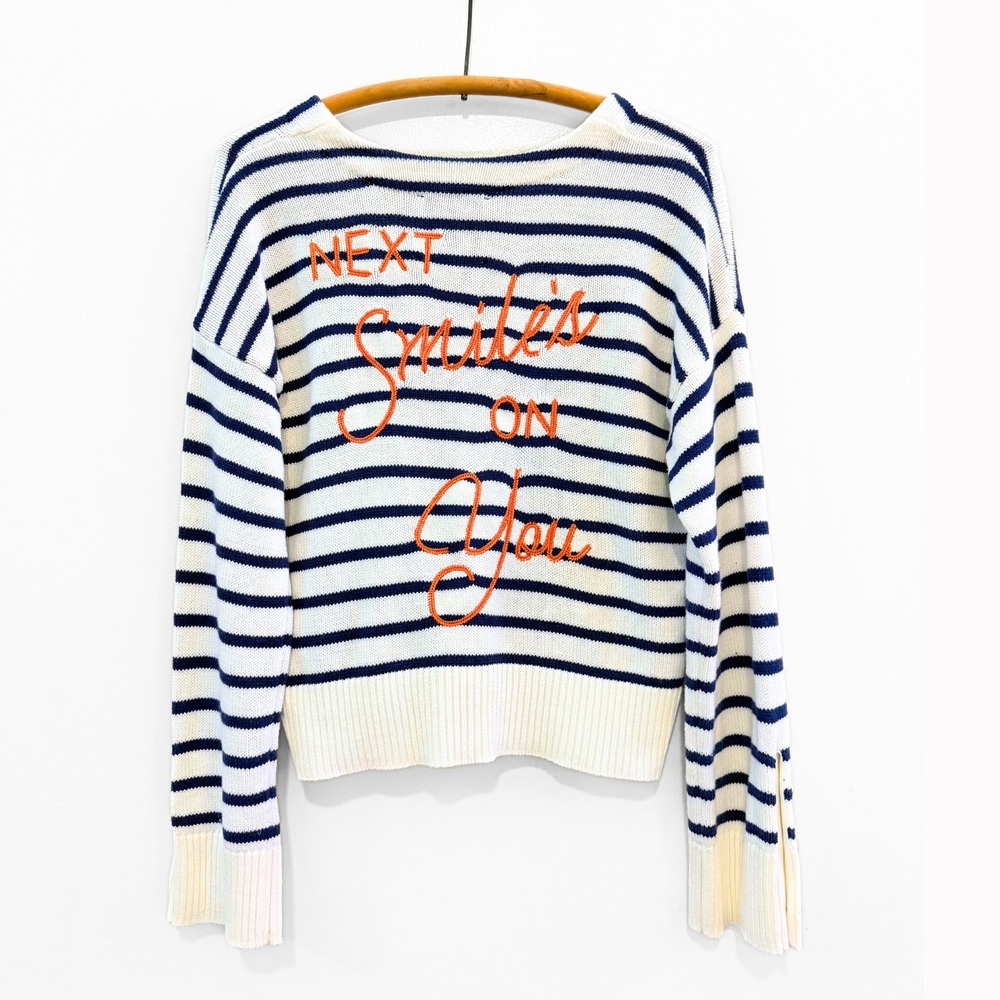 Kerri Rosenthal XOKR Next Smiles On You Stripe Sweater Navy White S Dopamine